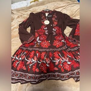 NWT Camila Coelho Brown Mini Dress Red Floral Women’s Small